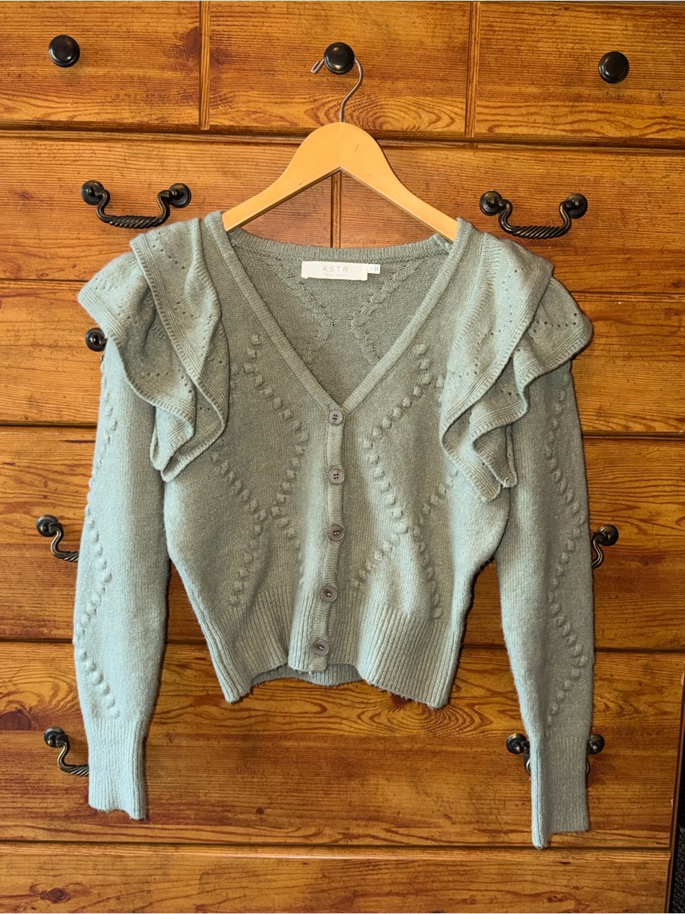 Astr the Label Sage Ruffle-Shoulder Cardigan
